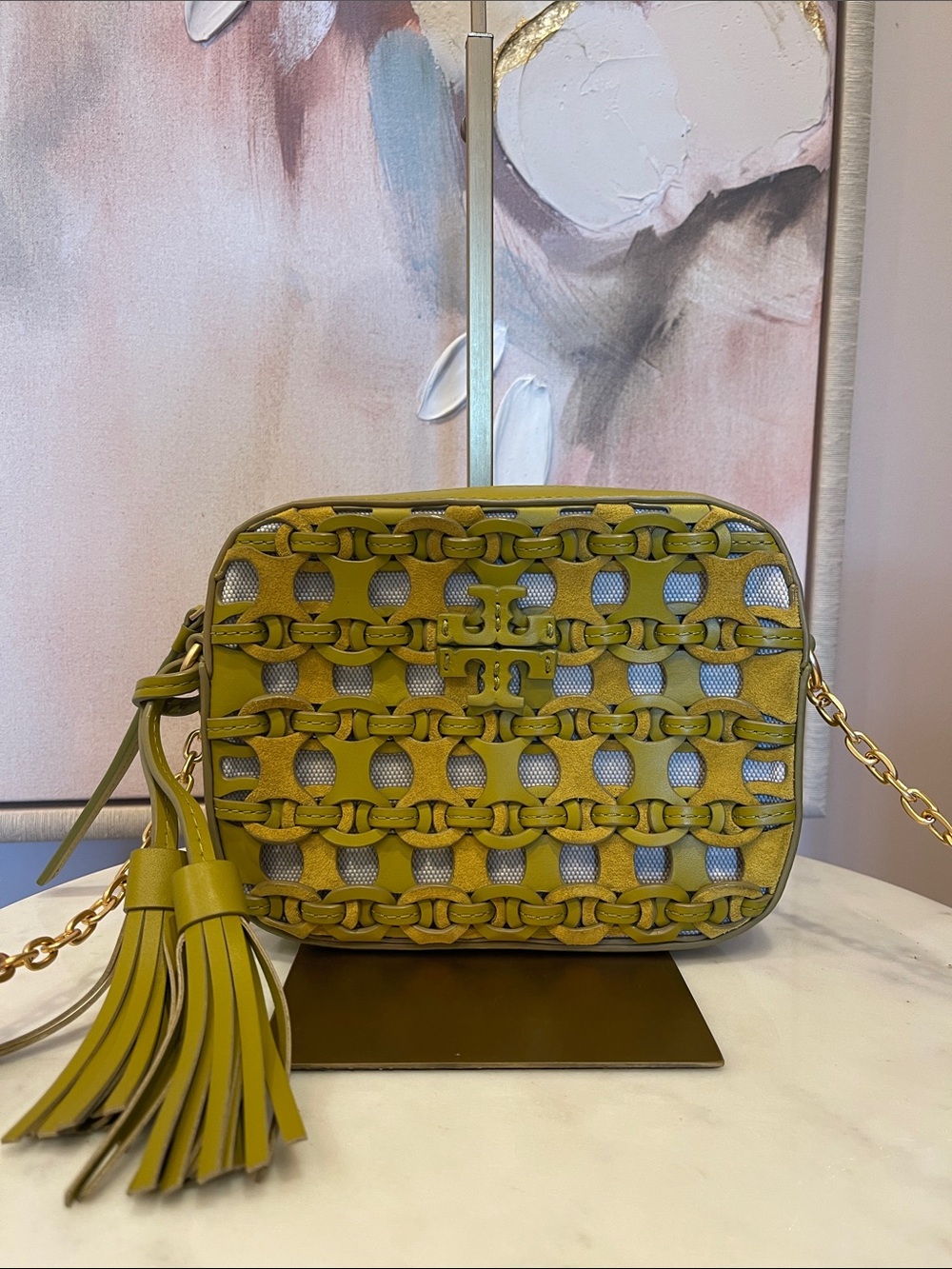 Tory Burch Olive Woven Leather Camera Crossbody Bag